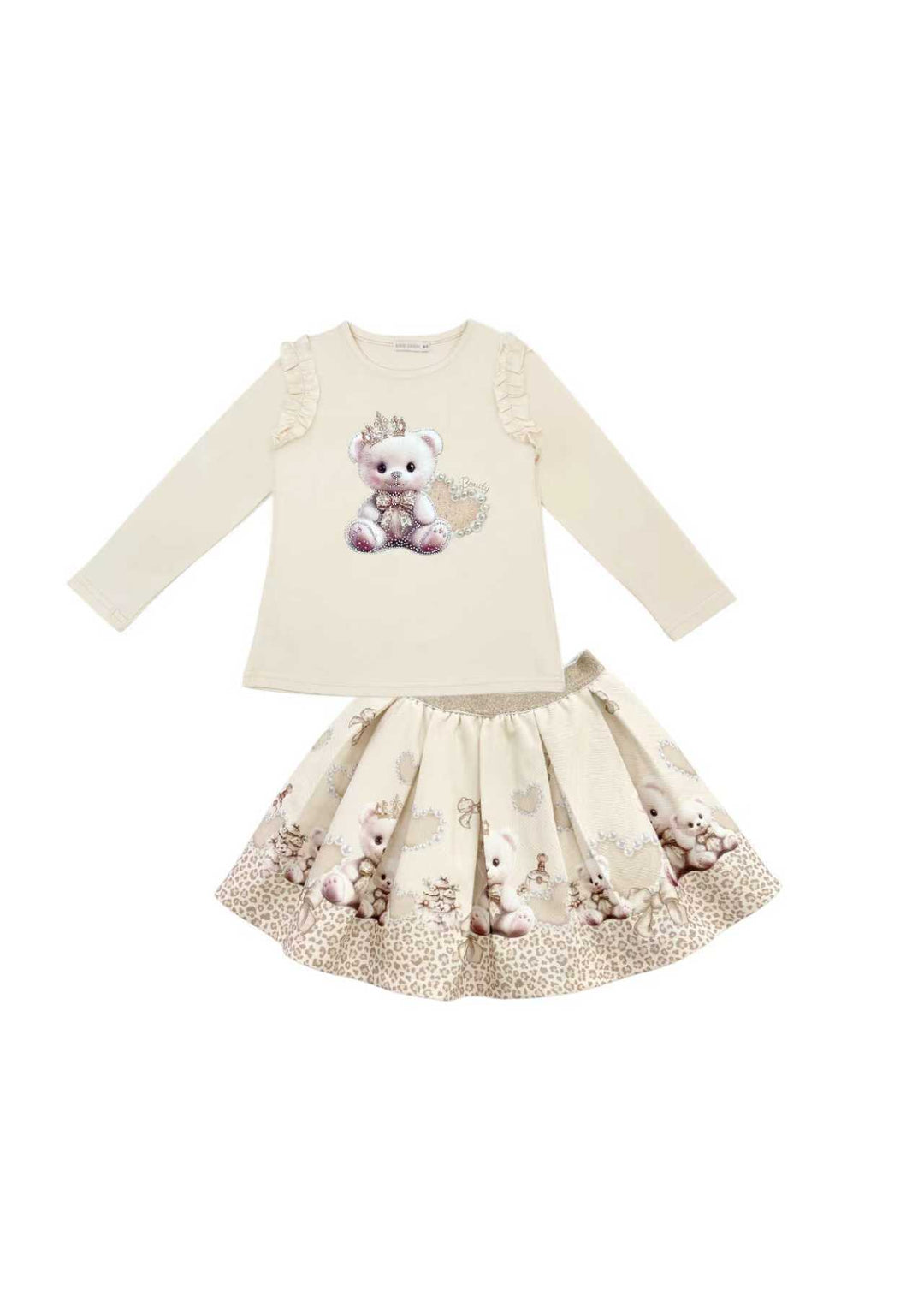 Giorgio Bambini Girls Ivory & Beige "Teddy Bear" Long Sleeved Top & Skirt Set - YG-18
