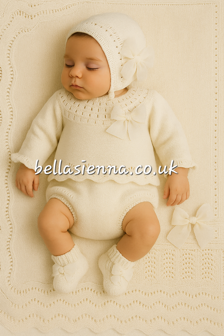 Mac Ilusion Ivory Four Piece Knitted Outfit With Tulle Bow - 8435 - Matching Blanket Available