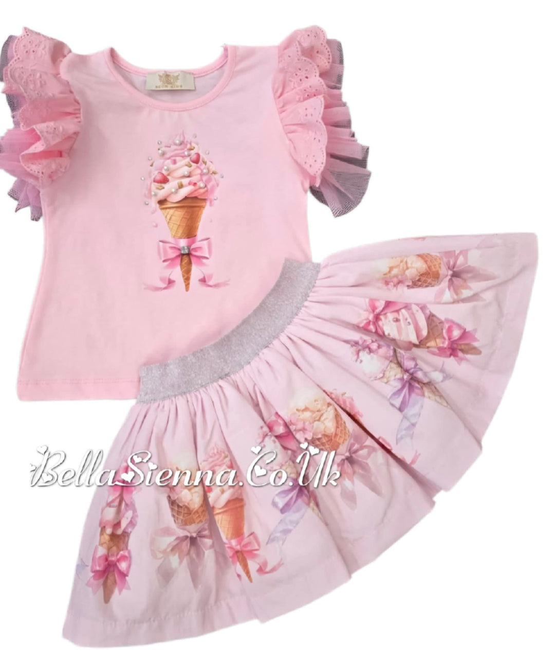 Pink "Ice Cream" Tulle & Anglaise Skirt & Top Set - 4009