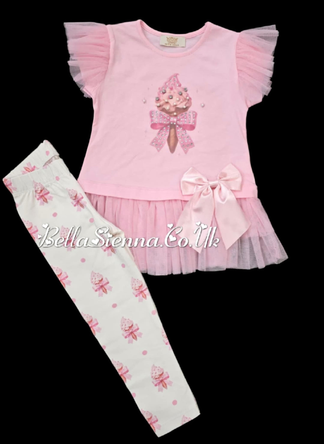 Pink "Ice Cream" Tulle & Bow Leggings Set