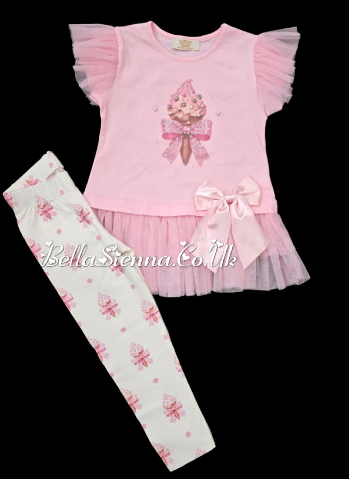 Pink "Ice Cream" Tulle & Bow Leggings Set