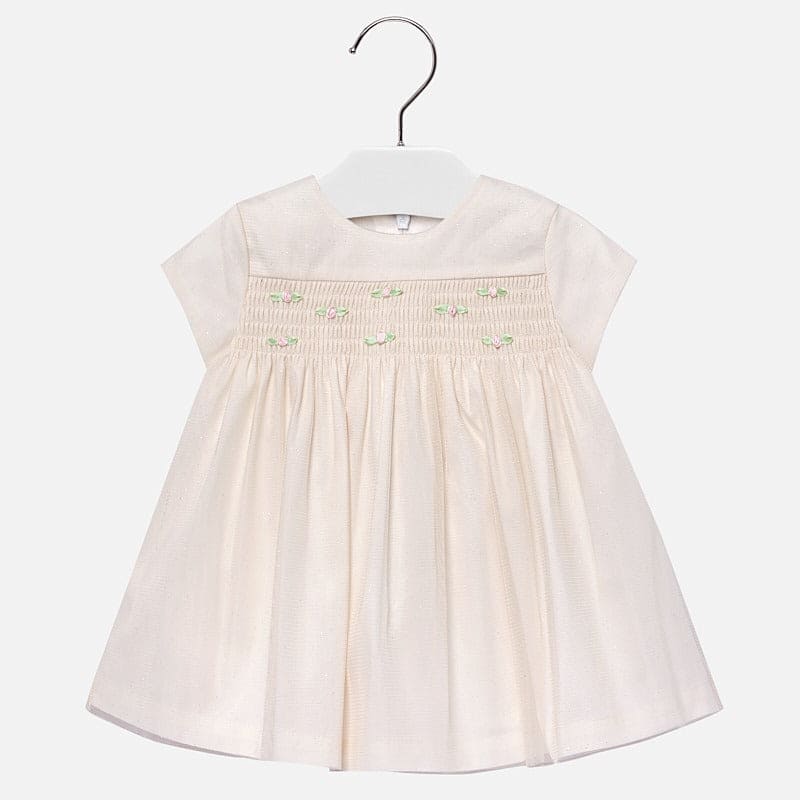Mayoral Ivory & Champagne/Gold Fleck Smocked & Embroidered Dress