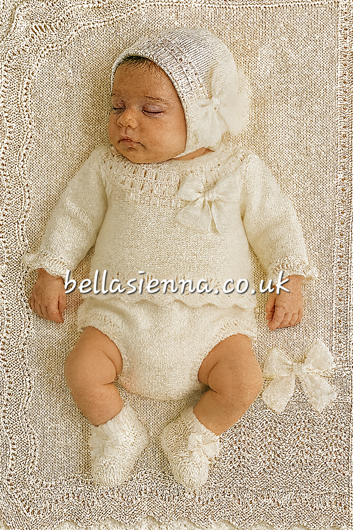 Mac Ilusion Ivory Four Piece Knitted Outfit With Tulle Bow - 8435 - Matching Blanket Available