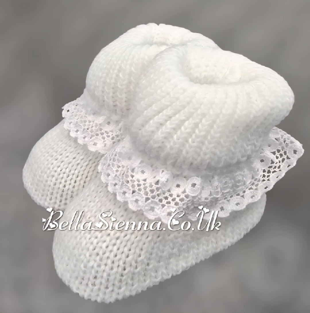 Bella Sienna White Knitted Booties With Lace Trim - 75