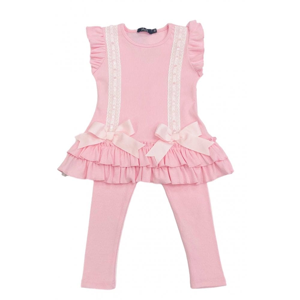 HARRIS KIDS "Savannah" Girls Ribbed Frilly Ruffle & Bow 3 Piece Set - Pink