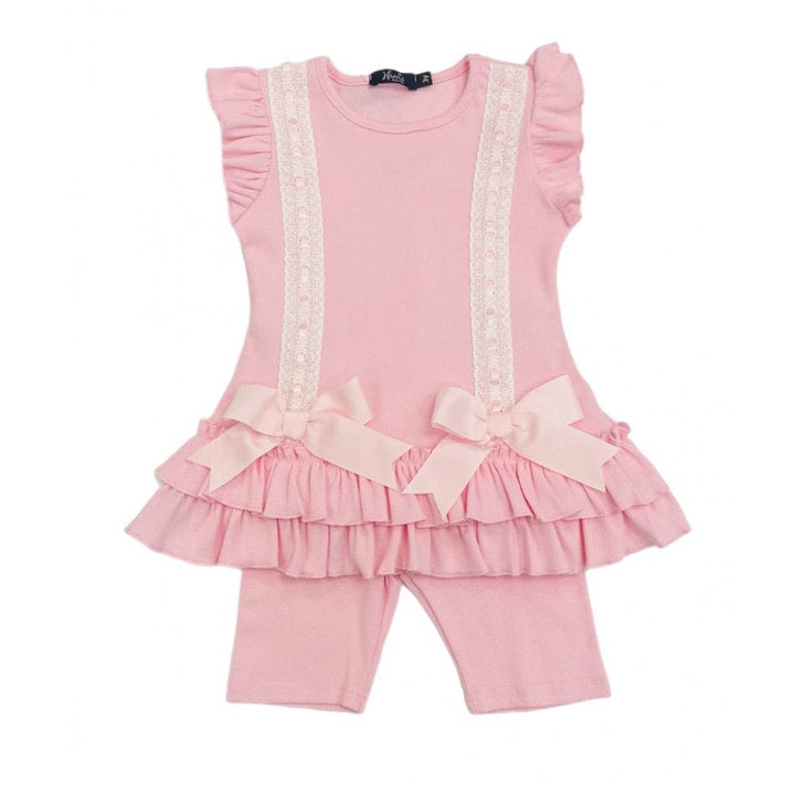 HARRIS KIDS "Savannah" Girls Ribbed Frilly Ruffle & Bow 3 Piece Set - Pink