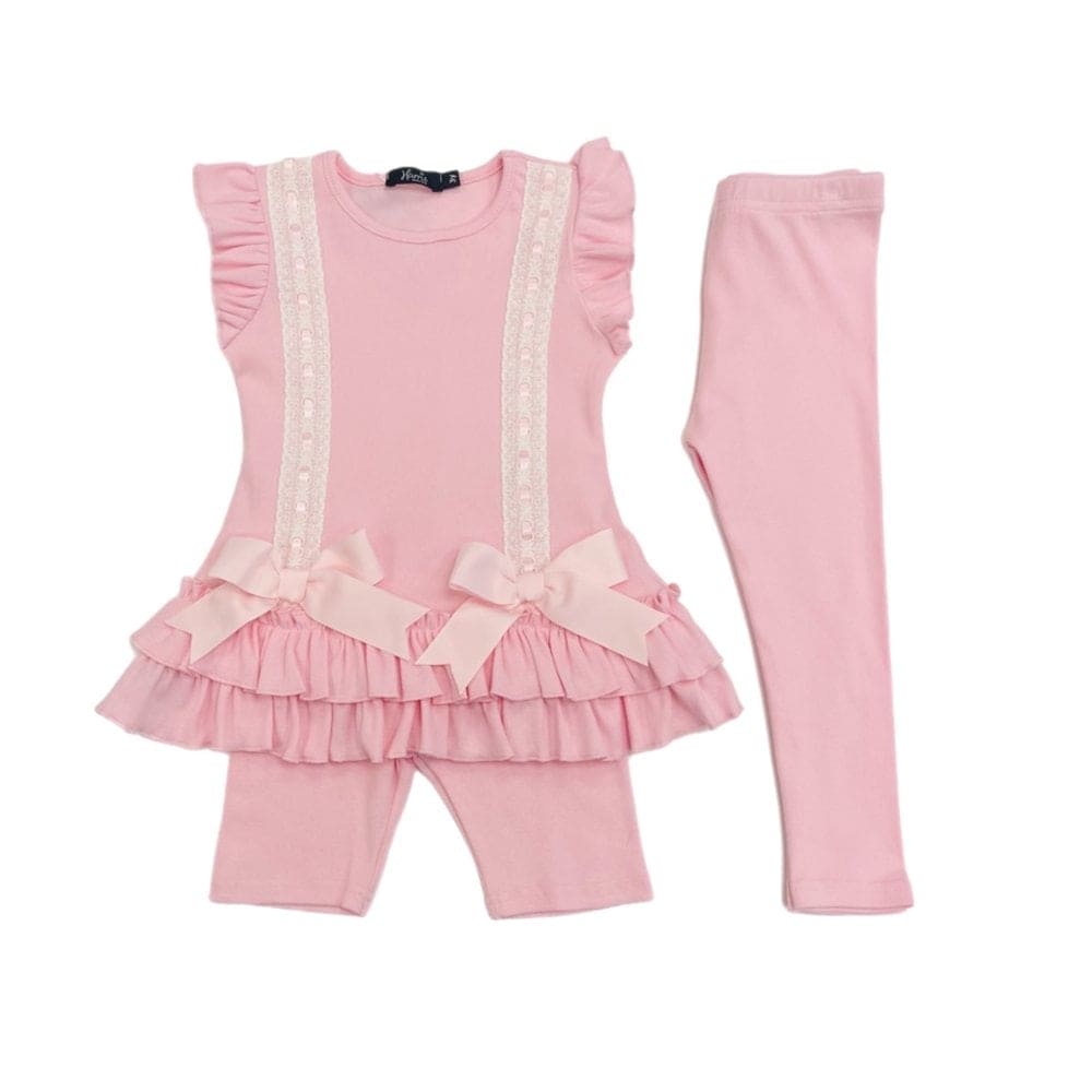 HARRIS KIDS "Savannah" Girls Ribbed Frilly Ruffle & Bow 3 Piece Set - Pink