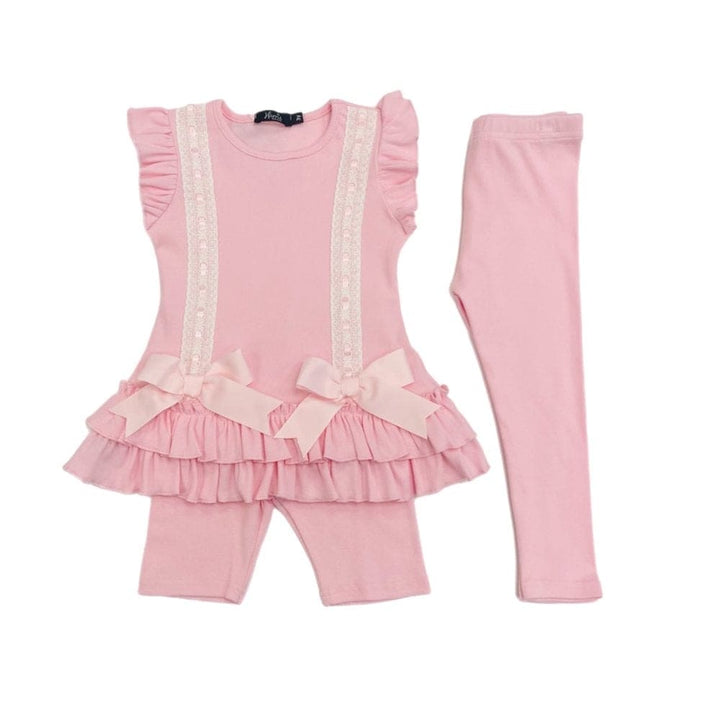 HARRIS KIDS "Savannah" Girls Ribbed Frilly Ruffle & Bow 3 Piece Set - Pink