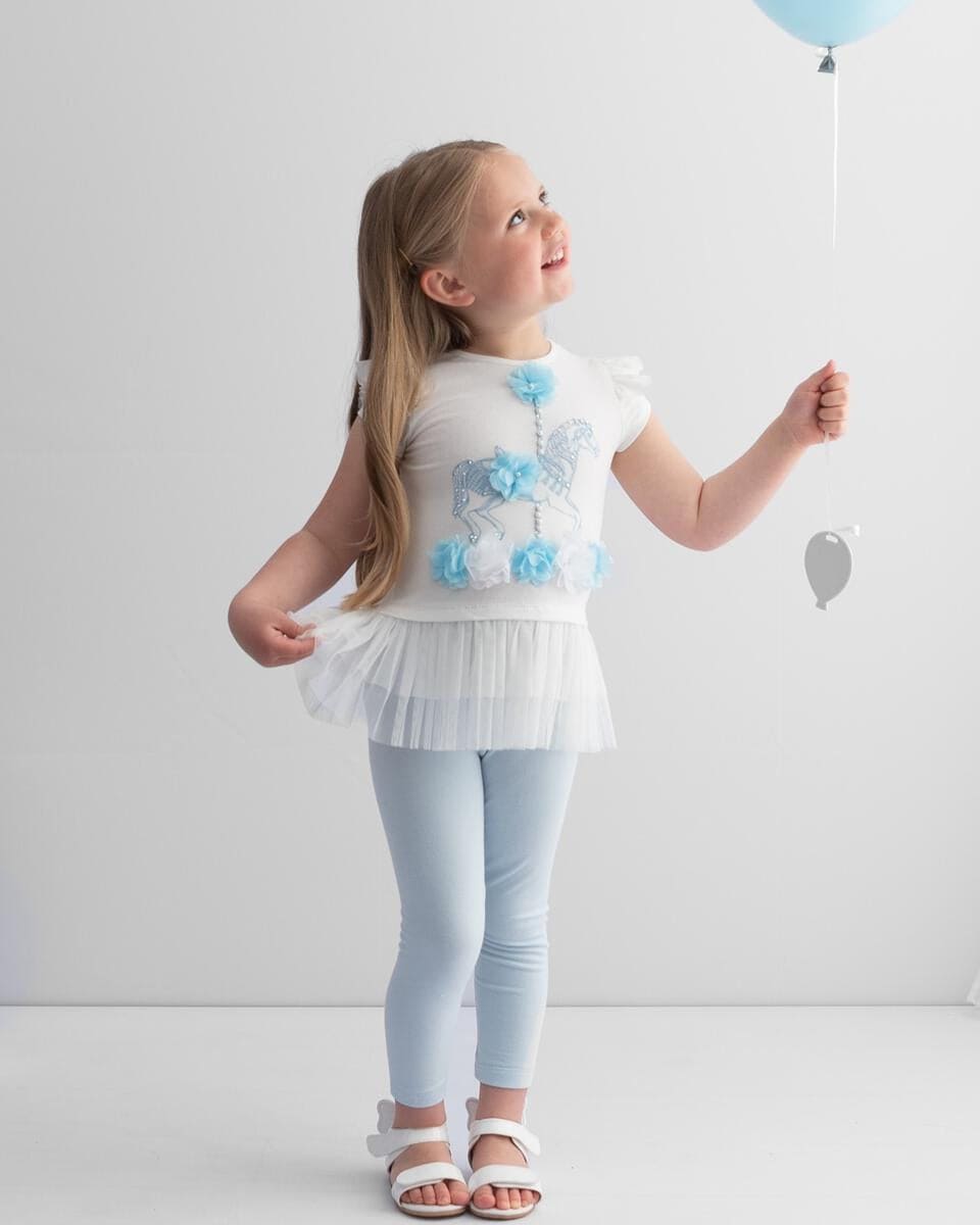 Caramelo Kids Sky Blue & White Pearl Carousel Legging Set - 011446B