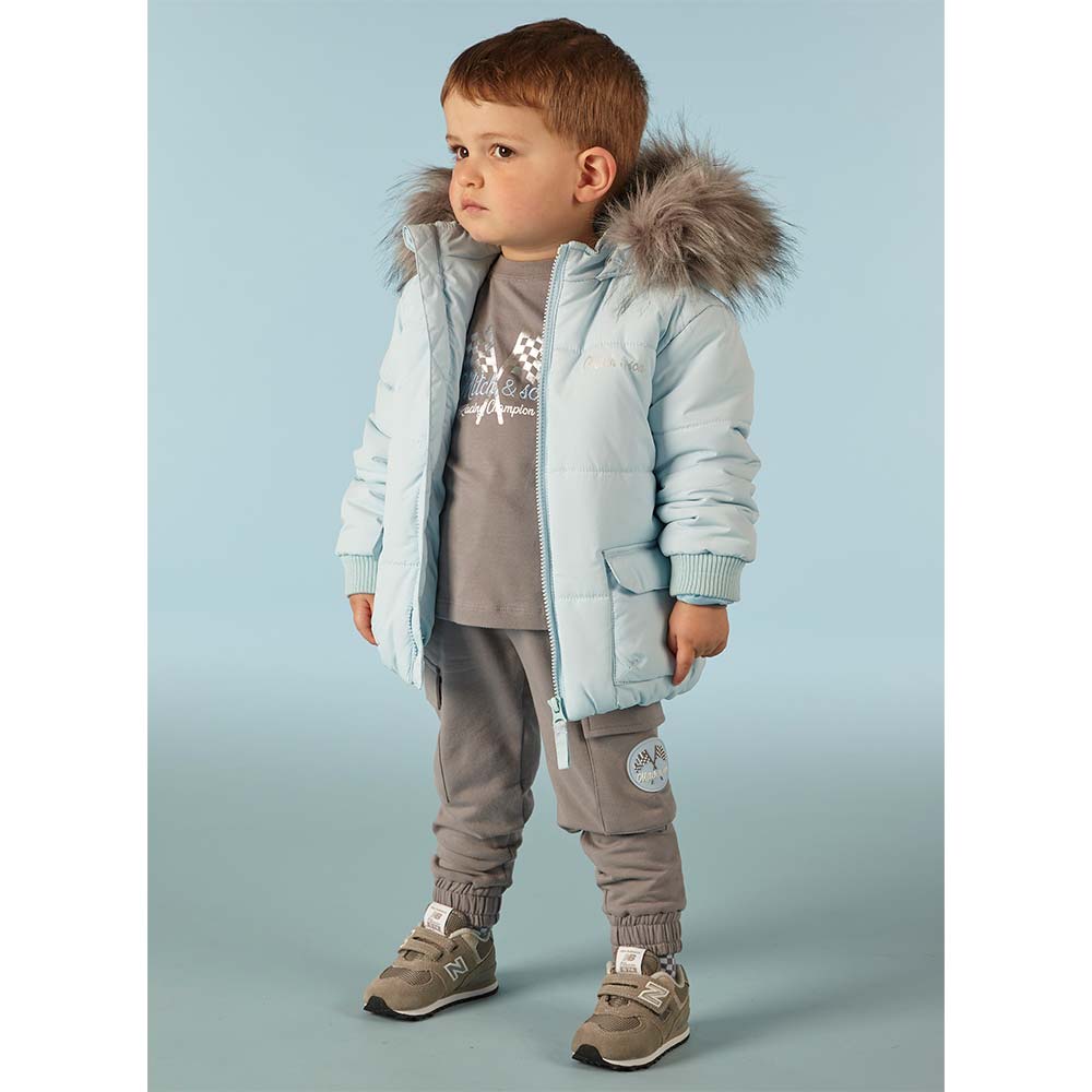 Mitch Son Faux Fur Hooded Puffer Jacket Coat Pale Blue Grey