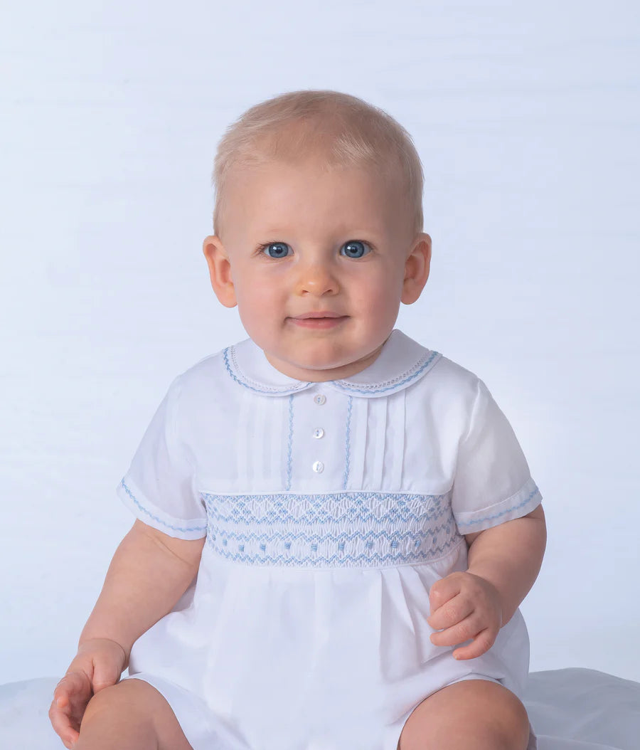 Sarah Louise Traditional Smocked White & Baby Blue Romper - 011445 - Summer