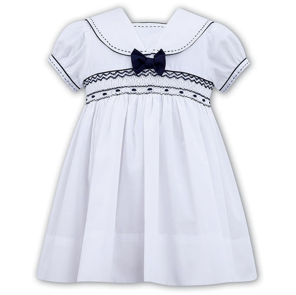Sarah Louise White & Navy Smocked Dress With Bow - 011504