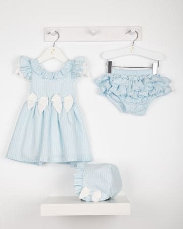 Caramelo Kids Blue & White Three Piece Striped Jampant Set with Broderie Anglaise Bow - Style number: 031580