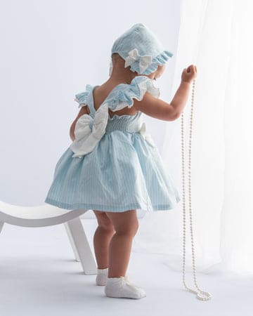 Caramelo Kids Blue & White Three Piece Striped Jampant Set with Broderie Anglaise Bow - Style number: 031580