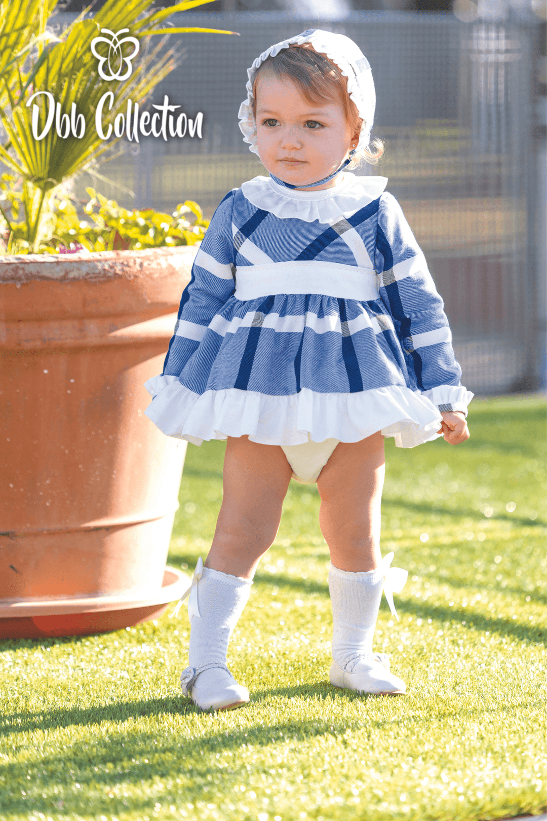 Dbb Collection8 Navy, Blue & White Check Dress, Pants & Bonnet Set - 12301