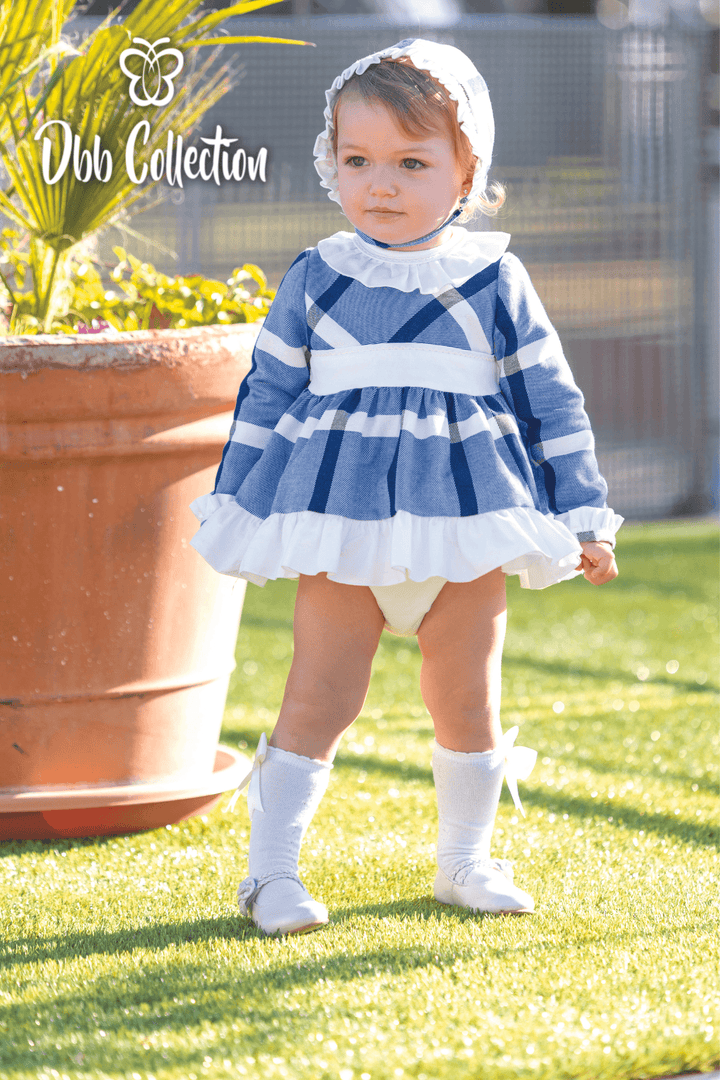 Dbb Collection8 Navy, Blue & White Check Dress, Pants & Bonnet Set - 12301