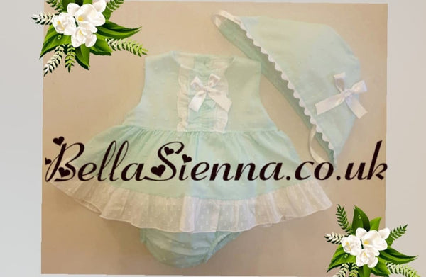 Eva Class Pastel Green & White Dress, Pants & Bonnet Set - 1018