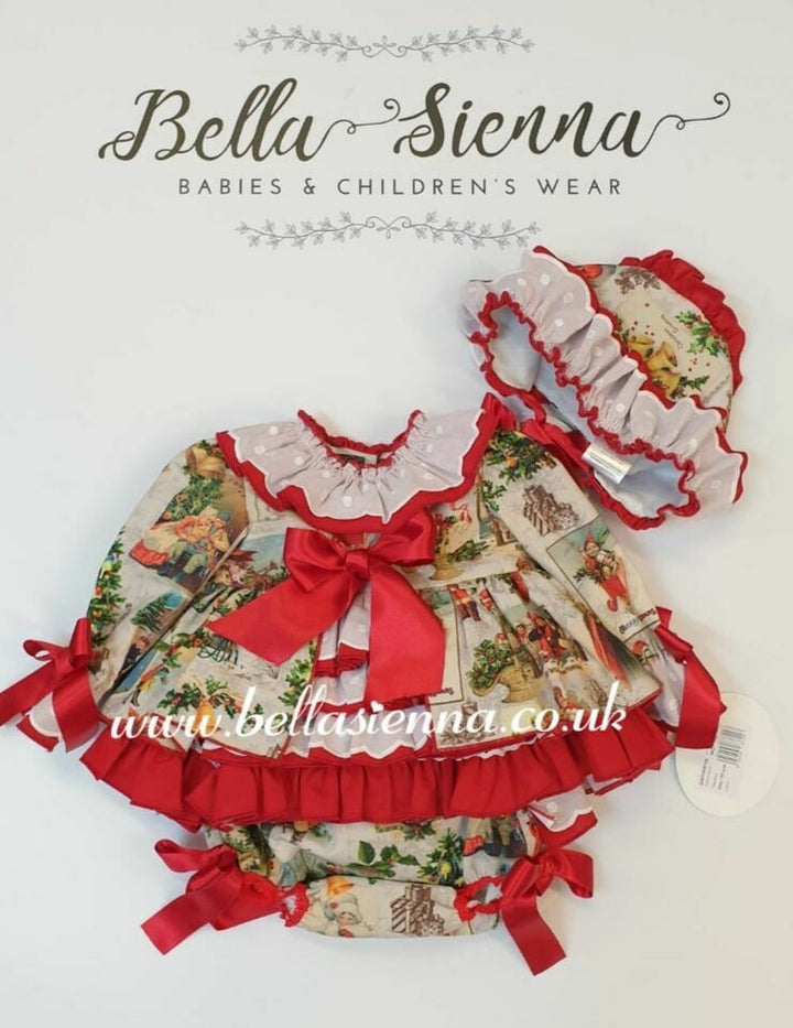 Ricittos Christmas Print Puffball Baby Dress, Pants & Bonnet Set