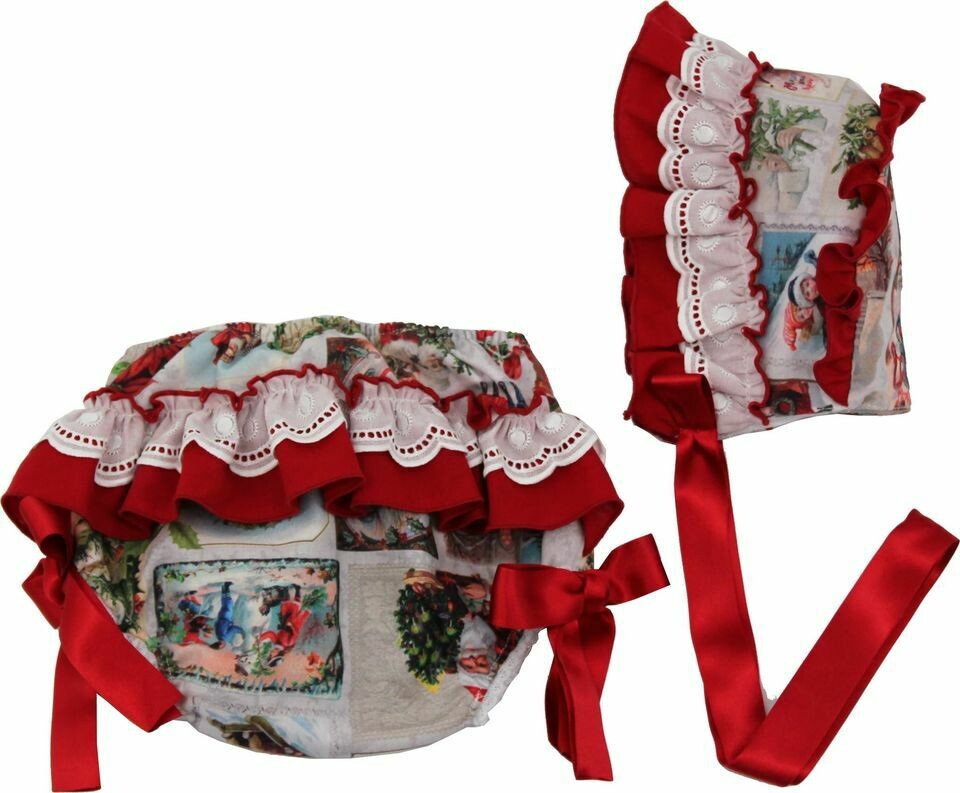 Ricittos Christmas Print Puffball Baby Dress, Pants & Bonnet Set