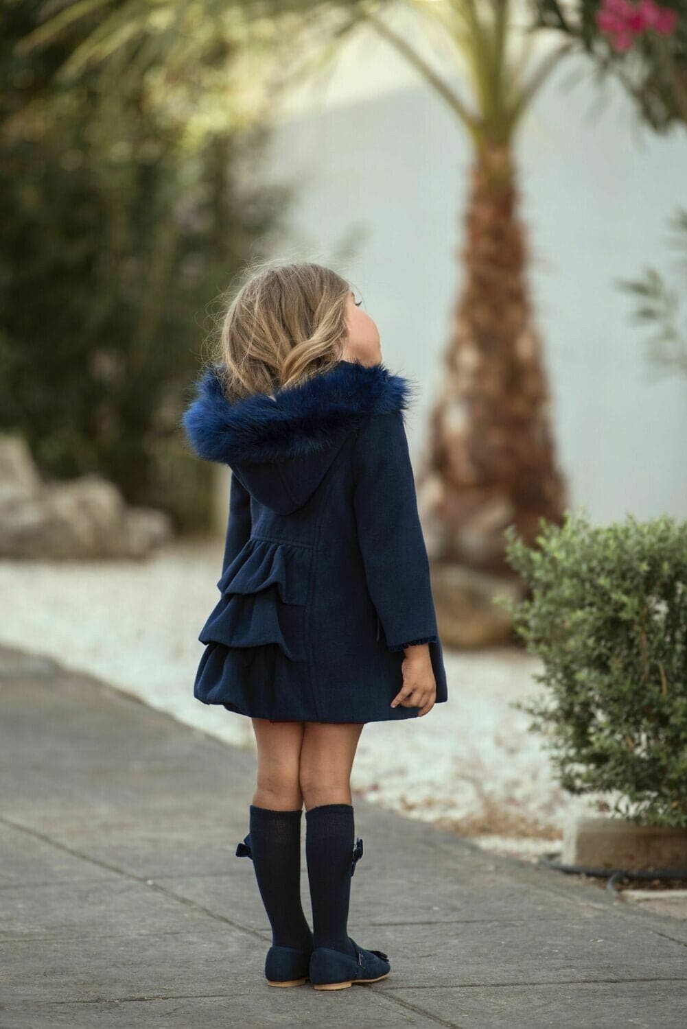 Miranda Navy Blue School Coat With Faux Fur Hood & Velvet Detail 0202 A