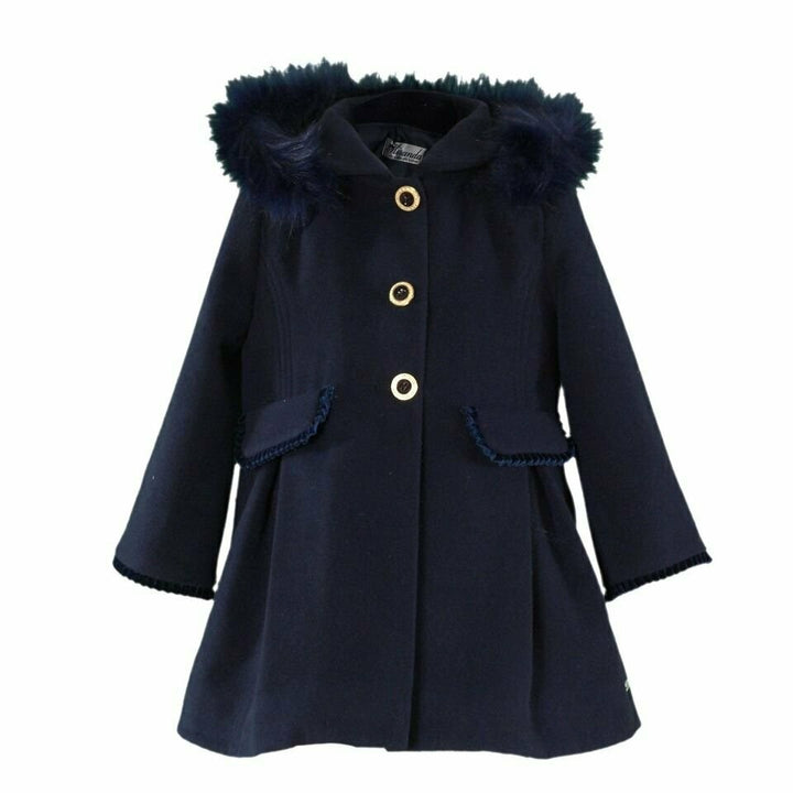 Miranda Navy Blue School Coat With Faux Fur Hood & Velvet Detail 0202 A