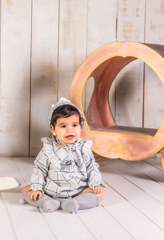 Babine Grey Check Dress, Pants & Bonnet Set - 2212035