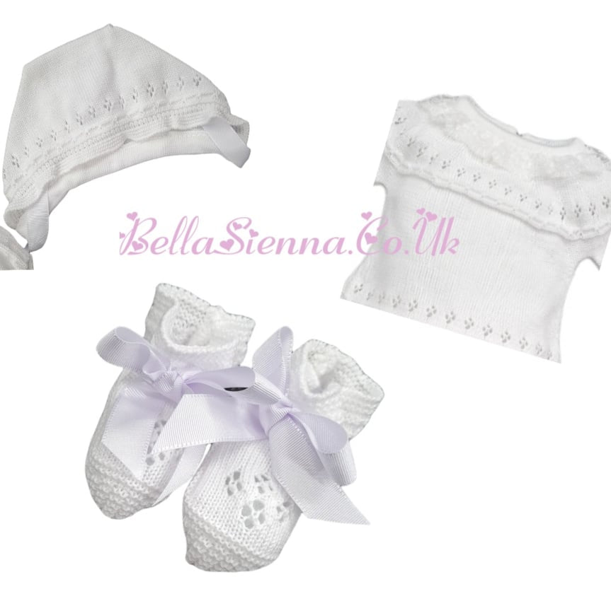 Mac Ilusion 4 Piece Baby Girl Newborn White Fine Knitted  Outfit 7629X
