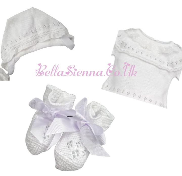 Mac Ilusion 4 Piece Baby Girl Newborn White Fine Knitted  Outfit 7629X