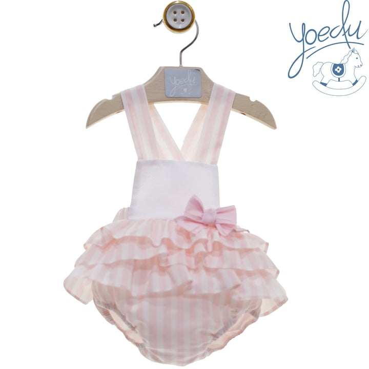 Yoedu Girls Pink & White Strappy Romper With Frills & Bow - 0806