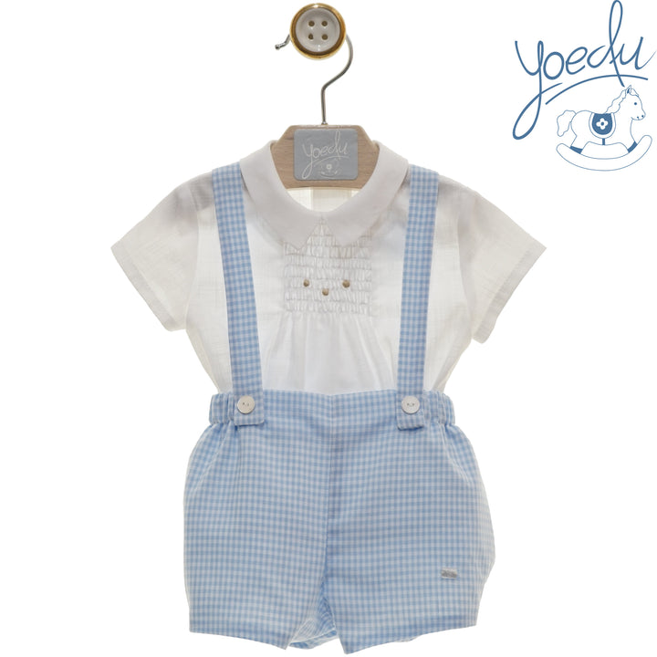Yoedu Boys Blue & White Gingham Dungaree Set With Smocked Top - 0025