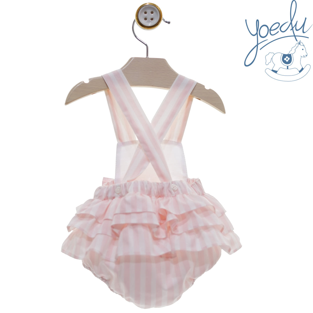 Yoedu Girls Pink & White Strappy Romper With Frills & Bow - 0806