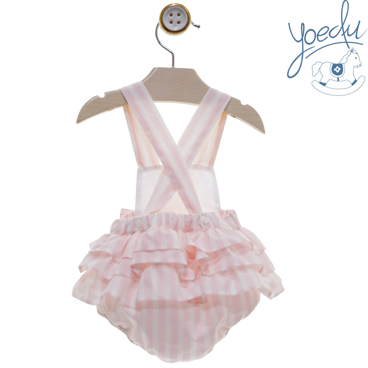 Yoedu Girls Pink & White Strappy Romper With Frills & Bow - 0806