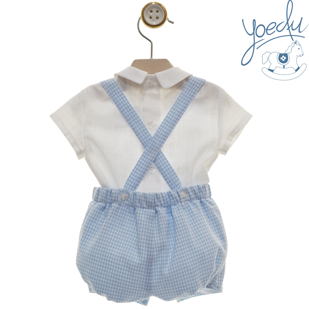 Yoedu Boys Blue & White Gingham Dungaree Set With Smocked Top - 0025