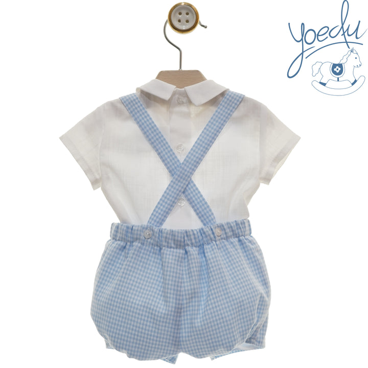 Yoedu Boys Blue & White Gingham Dungaree Set With Smocked Top - 0025