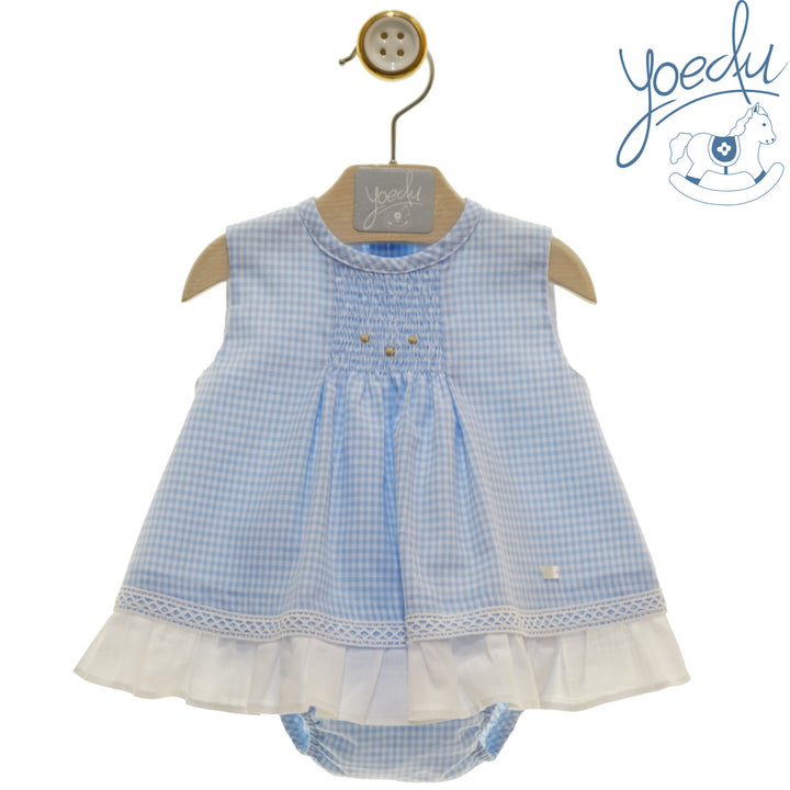 Girls Blue & White Gingham Dress & Pants Set - 0050