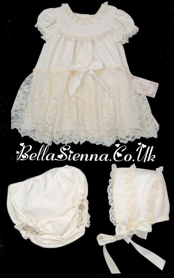 Absolutely Beautiful Bea Cadillac Ivory Dress, Pants & Bonnet Set With Lace Detail