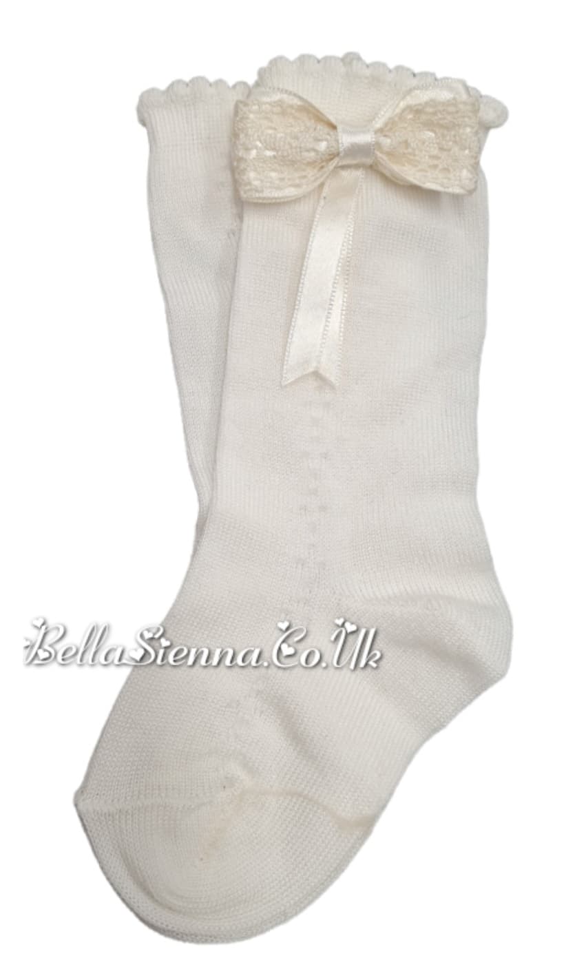 Dorian Girls Ivory Bow Knee High Socks - 3586