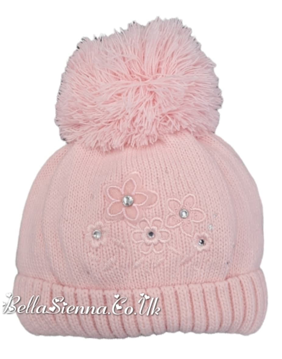 Barbaras Luxury Diamanté and Flower Detail Baby Girls Pom Pom Hat Pink