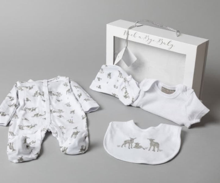 ROCK A BYE BABY BABY UNISEX LAMBS 5 PIECE SET IN A GIFT BOX (0-3 MONTHS)