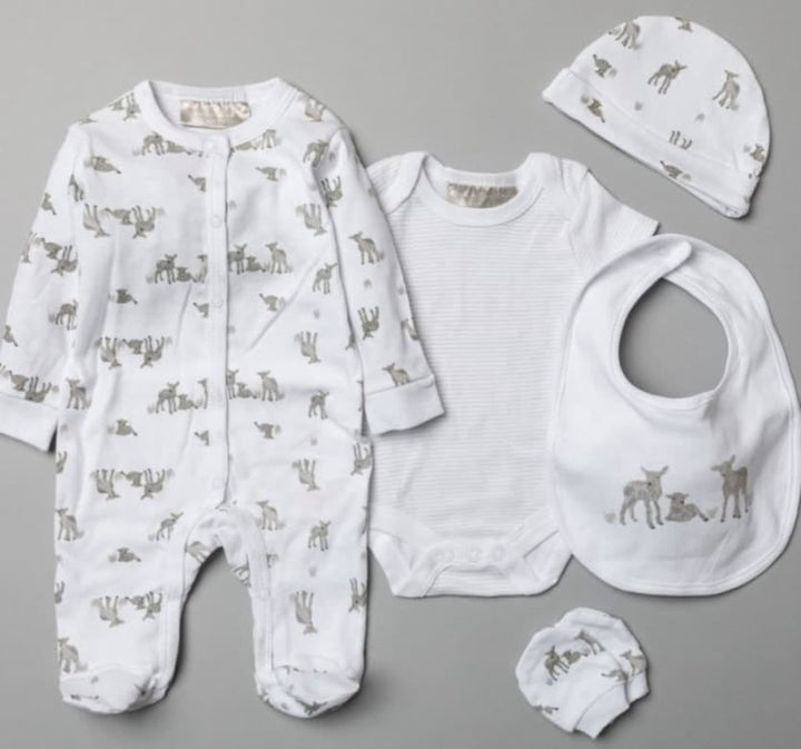 ROCK A BYE BABY BABY UNISEX LAMBS 5 PIECE SET IN A GIFT BOX (0-3 MONTHS)