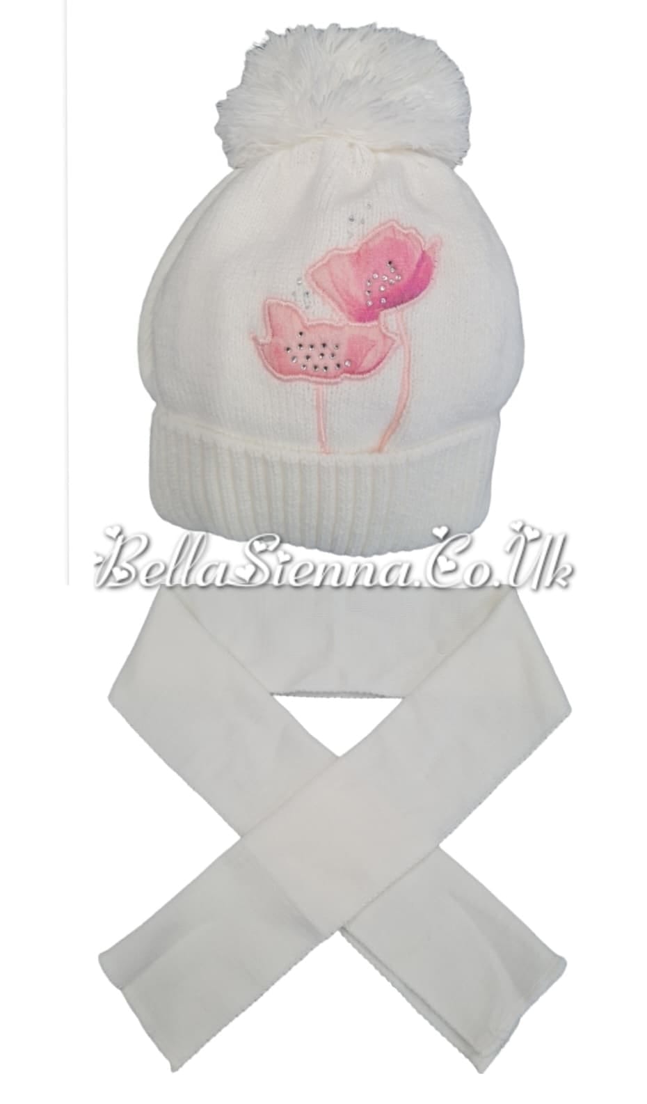 Barbaras Luxury Diamanté and Flower Detail Pom Pom Hat And Scarf Set White
