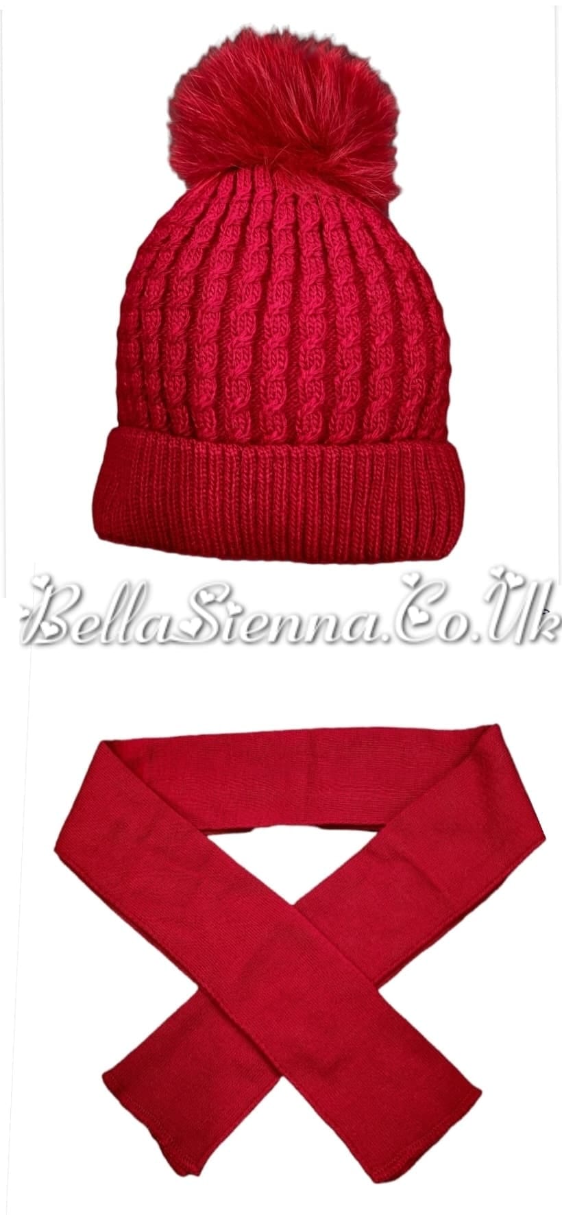 Barbaras Luxury Unisex Cable Detail Pom Pom Hat And Scarf Set Red