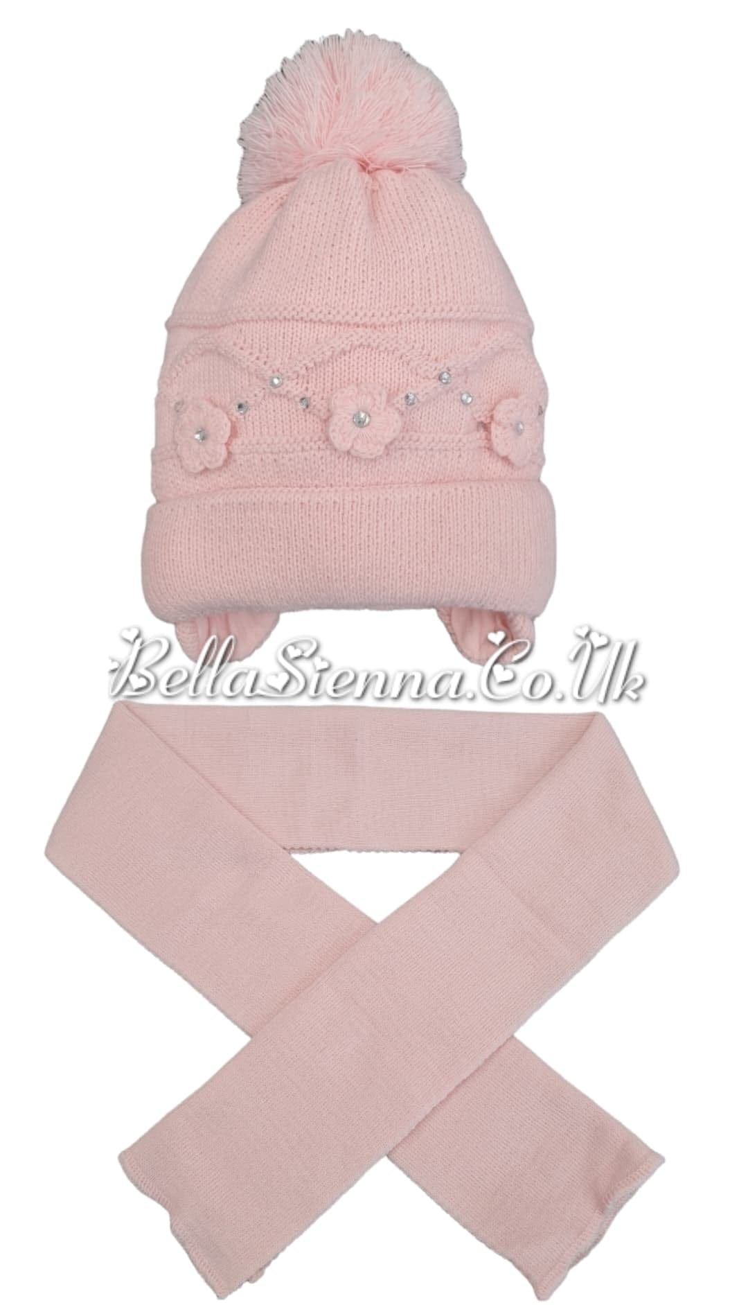 Barbaras Luxury Diamanté and Flower Detail Pom Pom Hat And Scarf Set Pink
