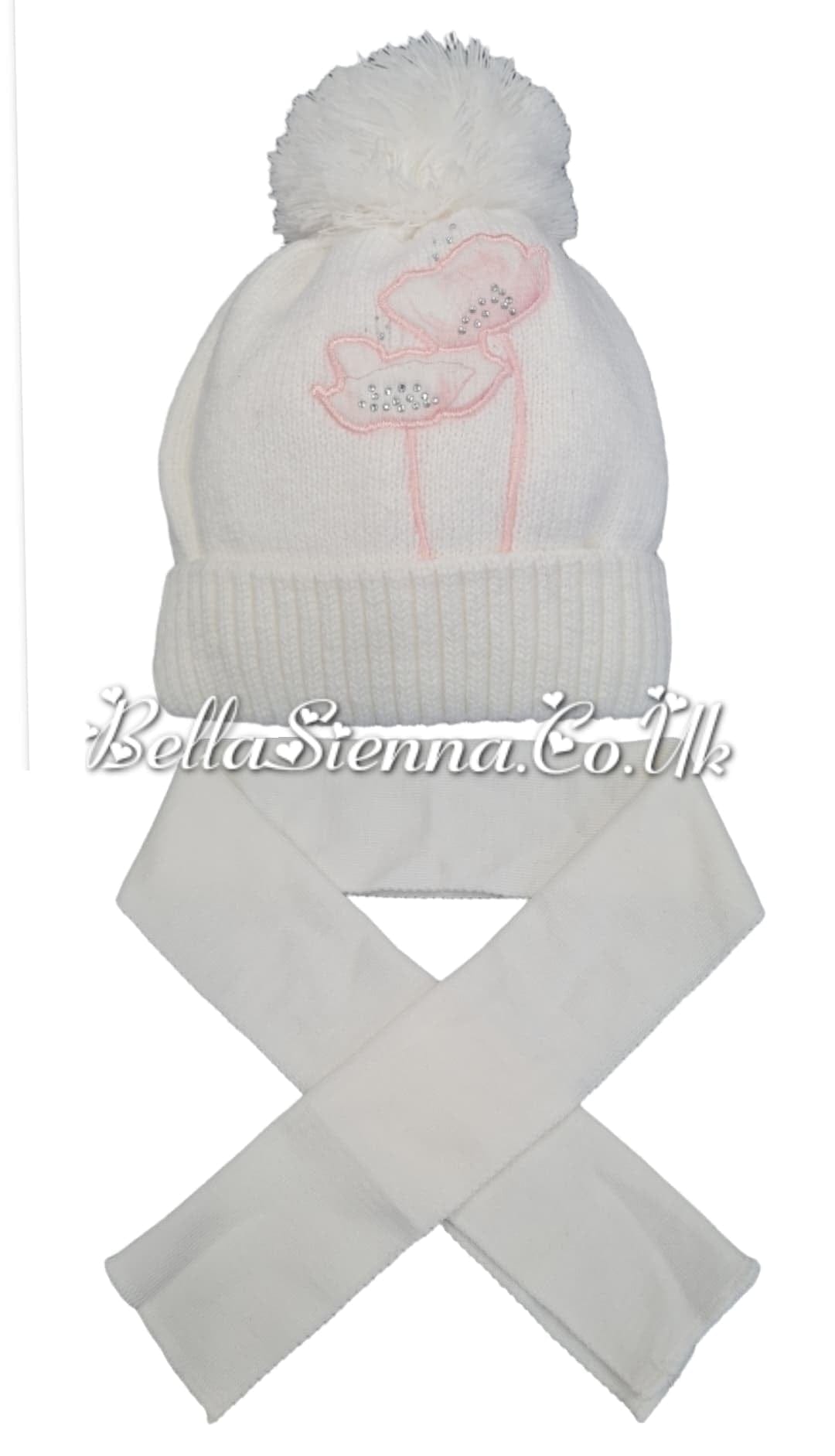 Barbaras Luxury Diamanté and Flower Detail Pom Pom Hat And Scarf Set White