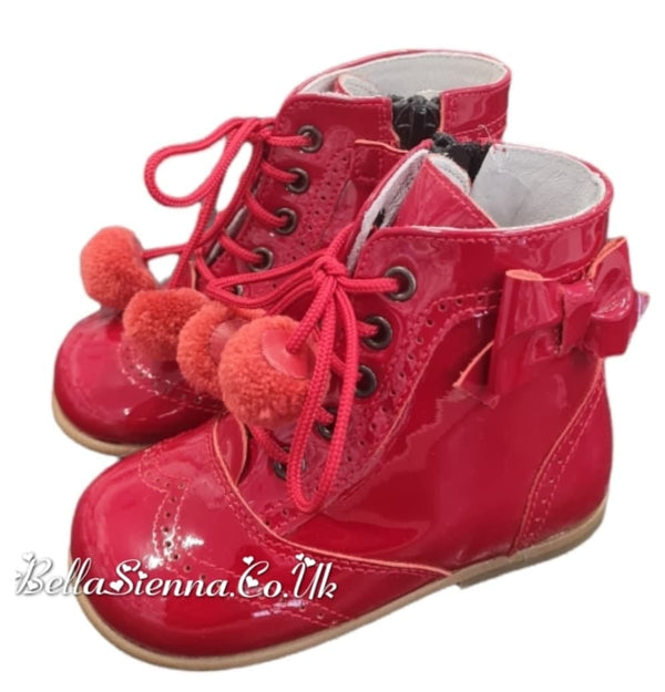 Andanines Girls Red Patent Leather Boots With Bows & Pom Poms