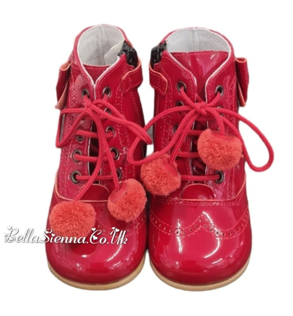Andanines Girls Red Patent Leather Boots With Bows & Pom Poms