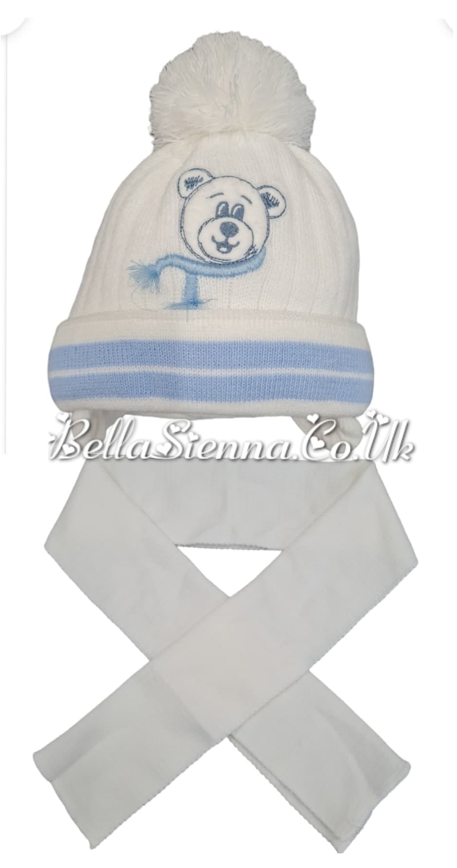 Barbaras Luxury Baby Boys Teddy Bear Detail Pom Pom Hat And Scarf Set White