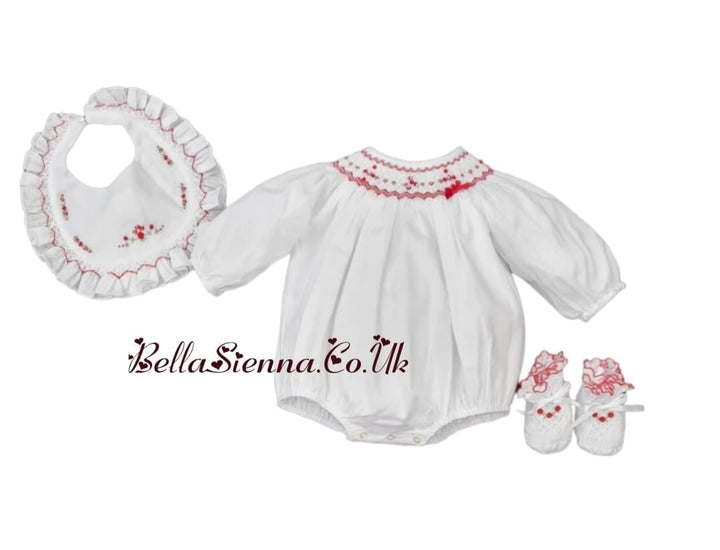 Sarah Louise White & Red Smocked, Long Sleeved Bubble Romper - 012765L C6004