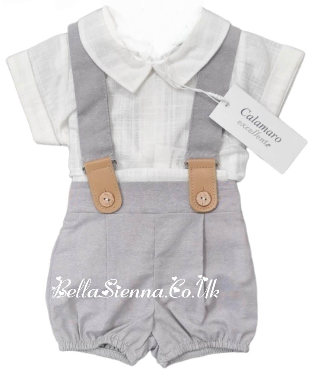 Calamaro Boys Grey & White Shirt & Shorts Set With Braces - 17803