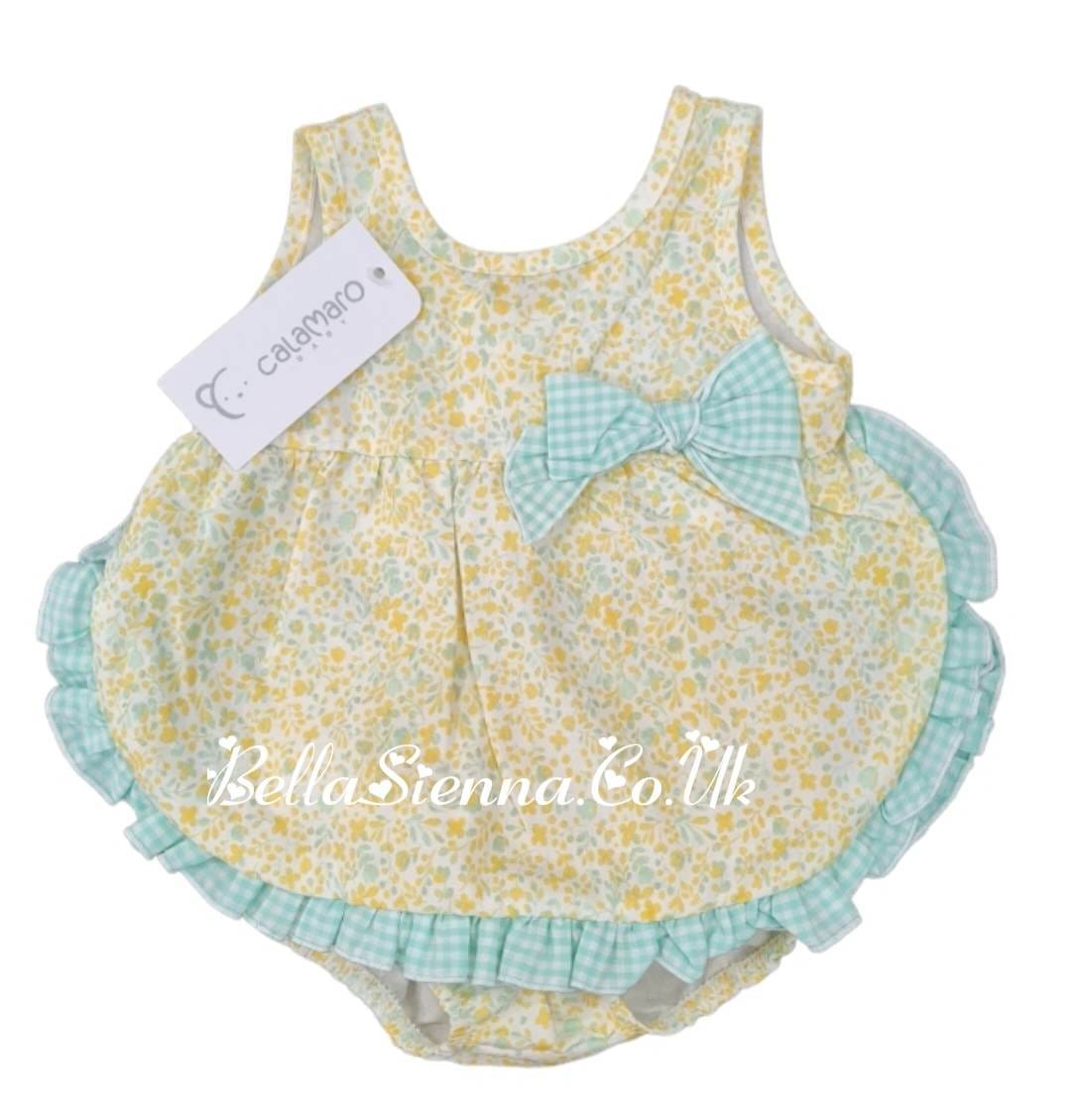 Calamaro Baby Lemon & Green Floral Dress & Pants Set- 22034